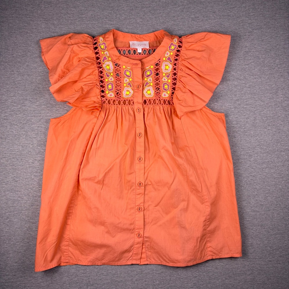 Alivia Top Womens S Orange Embroidered Ruffle Button Up Top Boho